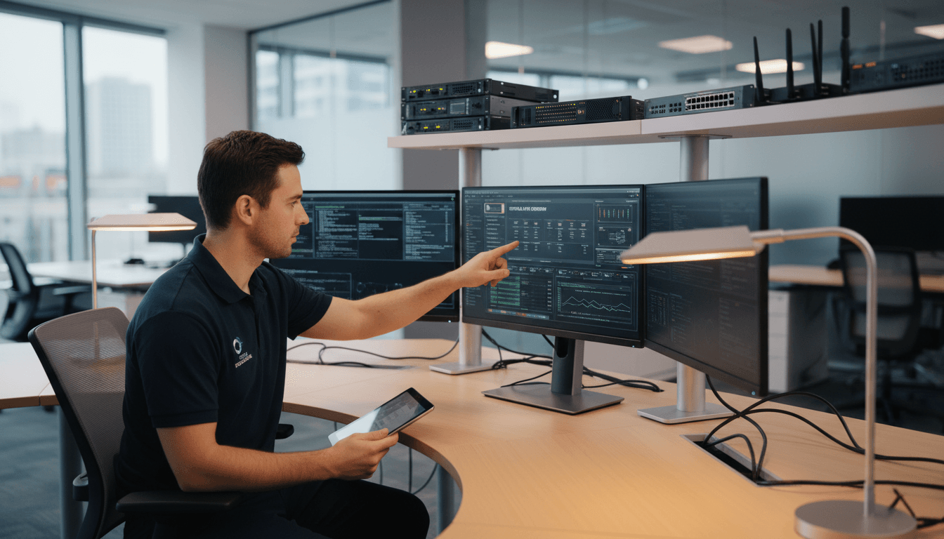 IT technician providing technical support at office workstation